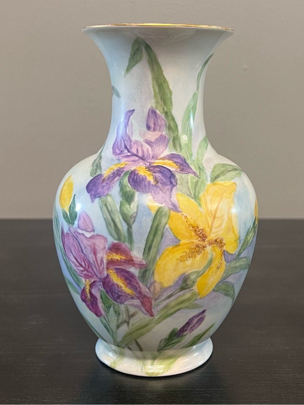 Antique 1931 Hand Painted Porcelain Iris Vase Signed Minnie Floral Gold 8.5”